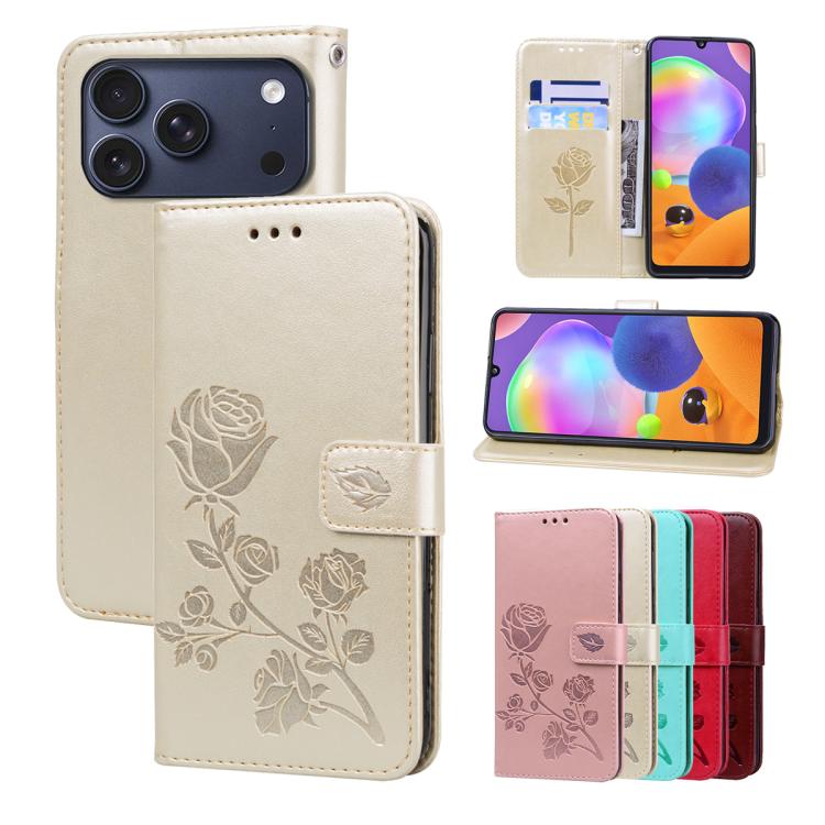 Handyhülle aus PU-Leder mit Rosenprägung und Klappverschluss, für iPhone 17e / 16e, für iPhone 17 Pro Max, für iPhone 17 Pro, für iPhone 17, für iPhone 16 Pro Max, für iPhone 16 Pro, für iPhone 16 Plus, für iPhone 16, für iPhone 15 Pro Max