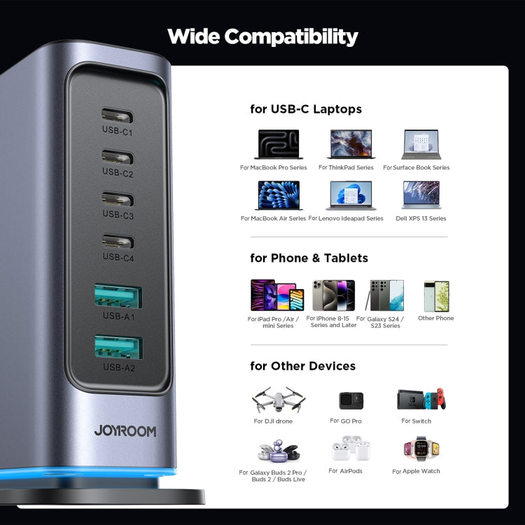 JOYROOM JR-TCM02 6 in 1 65W GaN 4 USB-C & 2 USB-A Mehrfachladegerät, EU-Stecker, UK-Stecker