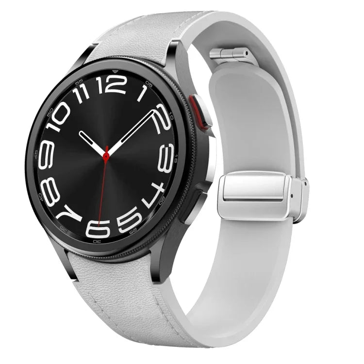 Magnetisches silbernes Uhrenarmband aus Leder und Silikon mit Schnalle, passend für Samsung Galaxy Watch 6