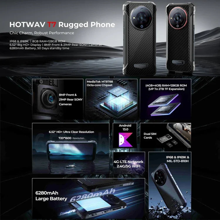 HOTWAV T7 Robustes Smartphone, 6280 mAh, 6,52 Zoll, Android 13, MT8788 Octa-Core-Prozessor, Netzwerk: 4G, OTG, 4 GB + 128 GB