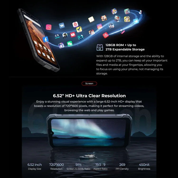HOTWAV T7 Robustes Smartphone, 6280 mAh, 6,52 Zoll, Android 13, MT8788 Octa-Core-Prozessor, Netzwerk: 4G, OTG, 4 GB + 128 GB
