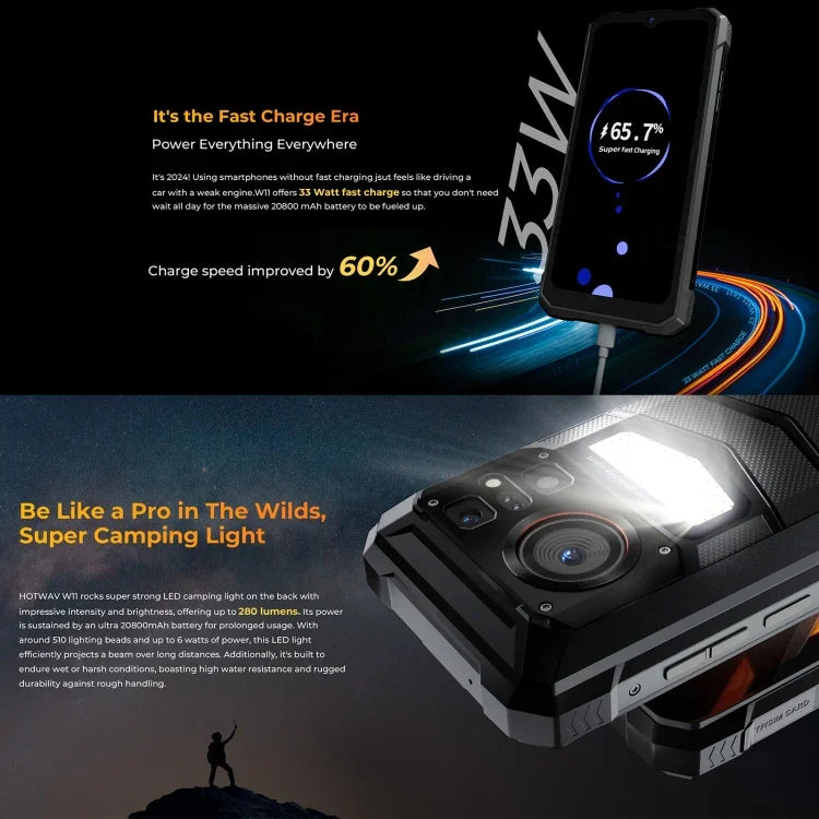 HOTWAV W11 Robustes Smartphone, Nachtsicht, 20800 mAh Akku, 6,6 Zoll, Android 13, MT8788 Octa-Core-Prozessor, Netzwerk: 4G, OTG, Anrufaufzeichnung, 6 GB + 256 GB Speicher