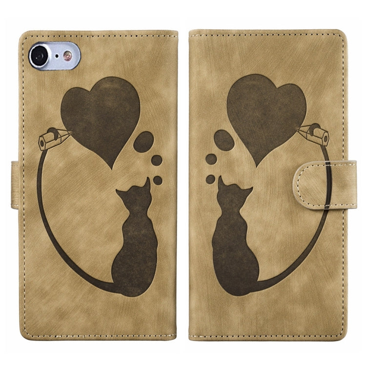 Handyhülle aus Leder mit geprägtem Stift, Herz und Katze für iPhone 14 Plus, für iPhone 14, für iPhone 14 Pro, für iPhone 14 Pro Max, für iPhone 7 / 8 / SE 2022, für iPhone 13 Pro Max, für iPhone 13 Pro, für iPhone 13