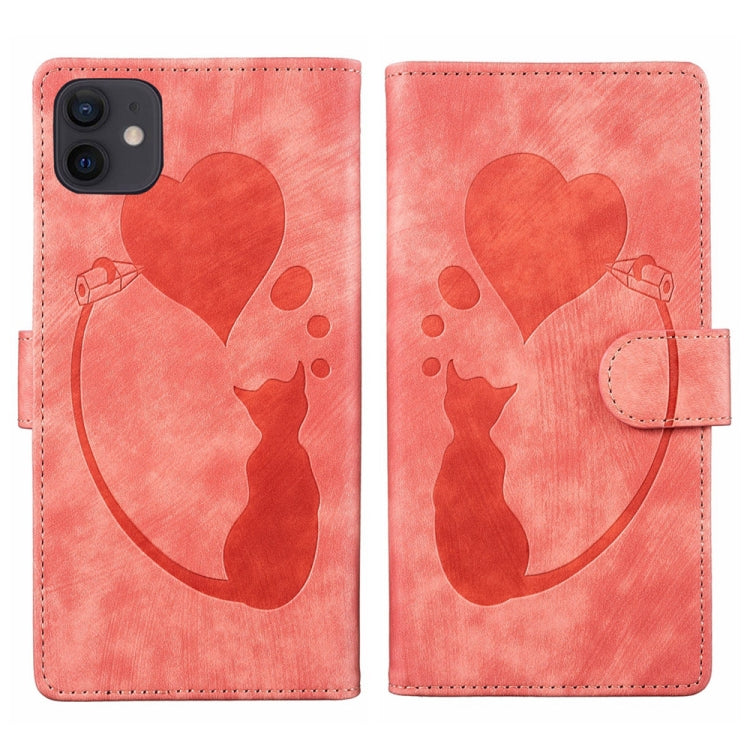 Stift Herz Katze Geprägte Leder-Handyhülle, Für iPhone 13 mini, Für iPhone 12, Für iPhone 12 Pro Max, Für iPhone 12 Pro, Für iPhone 12 mini, Für iPhone 11 Pro Max, Für iPhone 11, Für iPhone 11 Pro