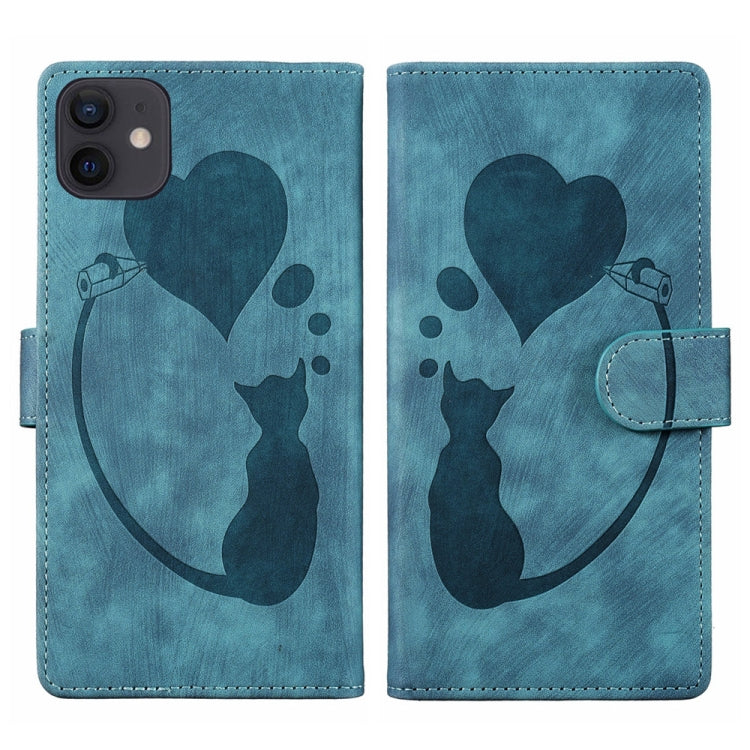Stift Herz Katze Geprägte Leder-Handyhülle, Für iPhone 13 mini, Für iPhone 12, Für iPhone 12 Pro Max, Für iPhone 12 Pro, Für iPhone 12 mini, Für iPhone 11 Pro Max, Für iPhone 11, Für iPhone 11 Pro