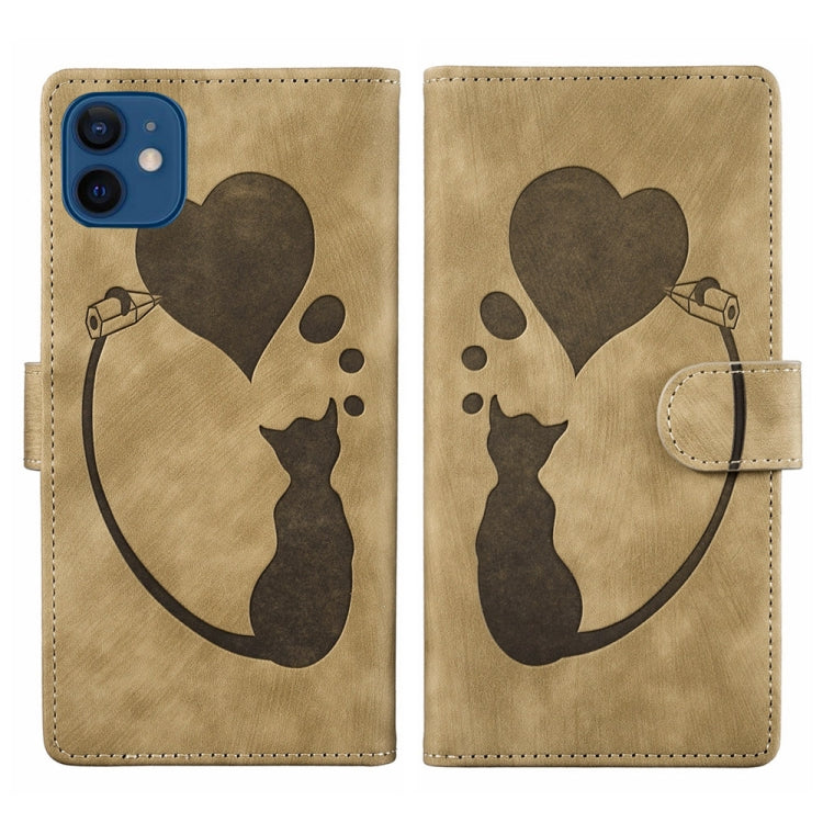 Stift Herz Katze Geprägte Leder-Handyhülle, Für iPhone 13 mini, Für iPhone 12, Für iPhone 12 Pro Max, Für iPhone 12 Pro, Für iPhone 12 mini, Für iPhone 11 Pro Max, Für iPhone 11, Für iPhone 11 Pro