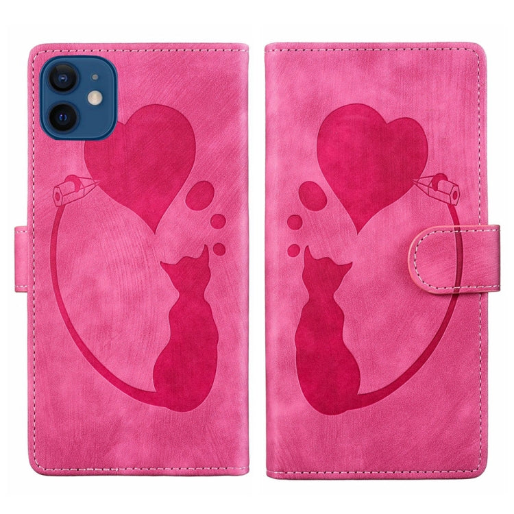 Stift Herz Katze Geprägte Leder-Handyhülle, Für iPhone 13 mini, Für iPhone 12, Für iPhone 12 Pro Max, Für iPhone 12 Pro, Für iPhone 12 mini, Für iPhone 11 Pro Max, Für iPhone 11, Für iPhone 11 Pro