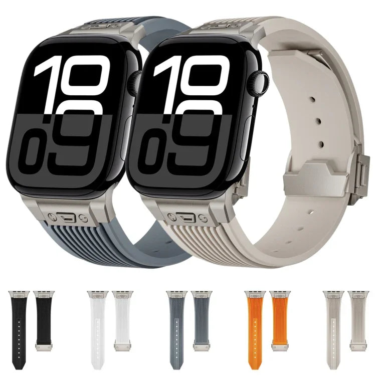 Vertical Texture Titanium Buckle Elastic Silicone Watch Band, For Apple Watch SE 44mm, For Apple Watch Series 6 44mm, For Apple Watch Series 5 44mm, For Apple Watch Series 4 44mm, For Apple Watch Series 3 42mm, For Apple Watch Series 2 42mm            ...