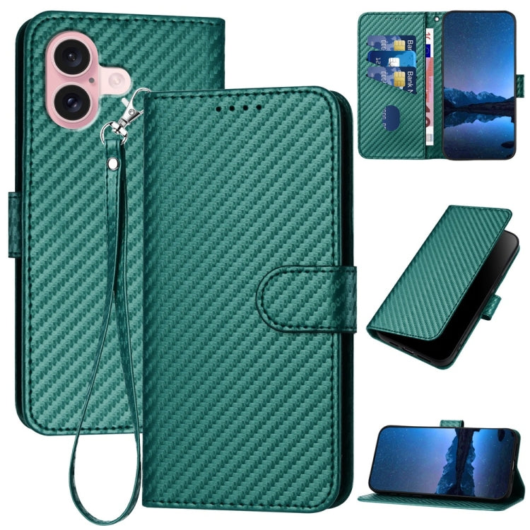 YX0070 Carbon Fiber Buckle Leather Phone Case with Lanyard, For iPhone 16 Pro, For iPhone 16 Plus, For iPhone 16, For iPhone 15 Pro Max, For iPhone 15 Pro, For iPhone 15 Plus