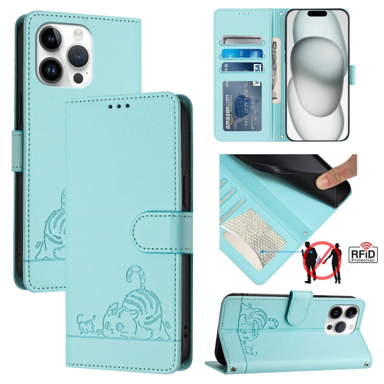 Katze Ratte Geprägtes Muster RFID Leder Handyhülle mit Trageschlaufe, Für iPhone 17 Pro Max, Für iPhone 17 Pro, Für iPhone 17, Für iPhone Air, Für iPhone SE 2024, Für iPhone 15 Pro Max, Für iPhone 15 Pro, Für iPhone 15 Plus