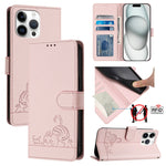 Katze Ratte Geprägtes Muster RFID Leder Handyhülle mit Trageschlaufe, Für iPhone 17 Pro Max, Für iPhone 17 Pro, Für iPhone 17, Für iPhone Air, Für iPhone SE 2024, Für iPhone 15 Pro Max, Für iPhone 15 Pro, Für iPhone 15 Plus