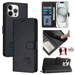 Katze Ratte Geprägtes Muster RFID Leder Handyhülle mit Trageschlaufe, Für iPhone 17 Pro Max, Für iPhone 17 Pro, Für iPhone 17, Für iPhone Air, Für iPhone SE 2024, Für iPhone 15 Pro Max, Für iPhone 15 Pro, Für iPhone 15 Plus