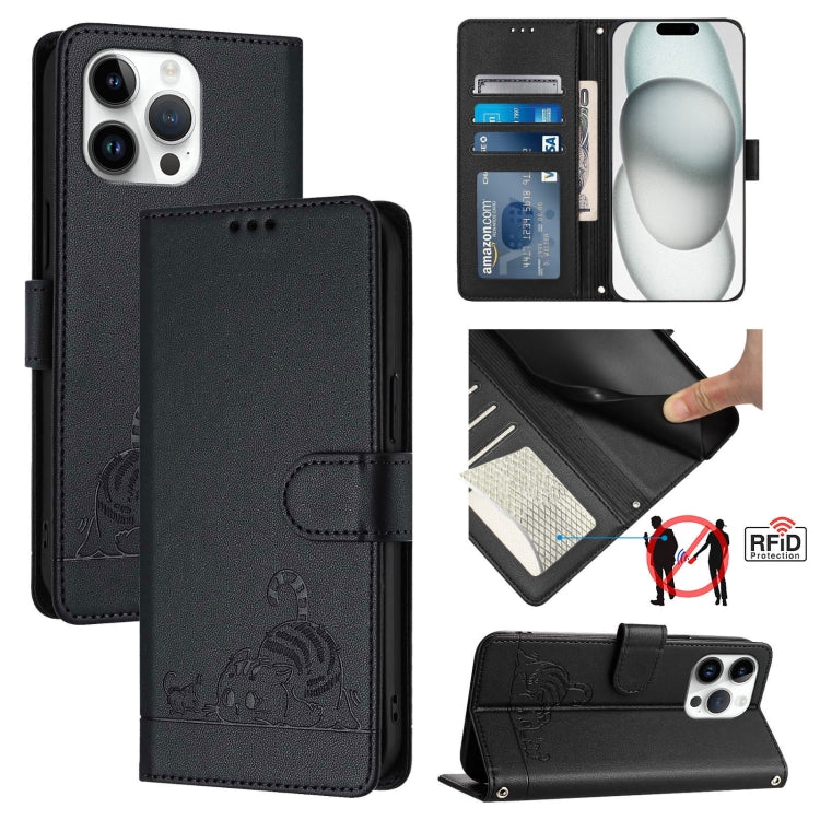 Katze Ratte Geprägtes Muster RFID Leder Handyhülle mit Trageschlaufe, Für iPhone 17 Pro Max, Für iPhone 17 Pro, Für iPhone 17, Für iPhone Air, Für iPhone SE 2024, Für iPhone 15 Pro Max, Für iPhone 15 Pro, Für iPhone 15 Plus