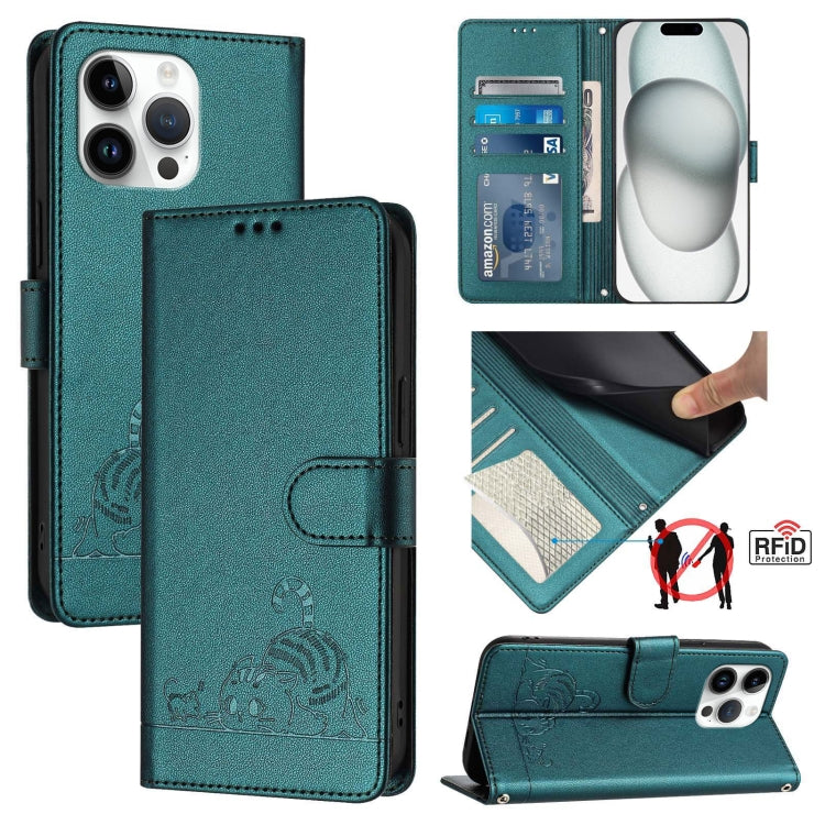 Katze Ratte Geprägtes Muster RFID Leder Handyhülle mit Trageschlaufe, Für iPhone 17 Pro Max, Für iPhone 17 Pro, Für iPhone 17, Für iPhone Air, Für iPhone SE 2024, Für iPhone 15 Pro Max, Für iPhone 15 Pro, Für iPhone 15 Plus