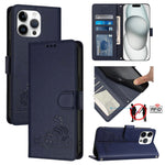 Katze Ratte Geprägtes Muster RFID Leder Handyhülle mit Trageschlaufe, Für iPhone 17 Pro Max, Für iPhone 17 Pro, Für iPhone 17, Für iPhone Air, Für iPhone SE 2024, Für iPhone 15 Pro Max, Für iPhone 15 Pro, Für iPhone 15 Plus