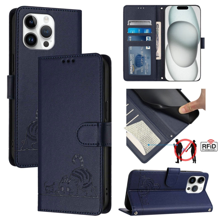 Katze Ratte Geprägtes Muster RFID Leder Handyhülle mit Trageschlaufe, Für iPhone 17 Pro Max, Für iPhone 17 Pro, Für iPhone 17, Für iPhone Air, Für iPhone SE 2024, Für iPhone 15 Pro Max, Für iPhone 15 Pro, Für iPhone 15 Plus