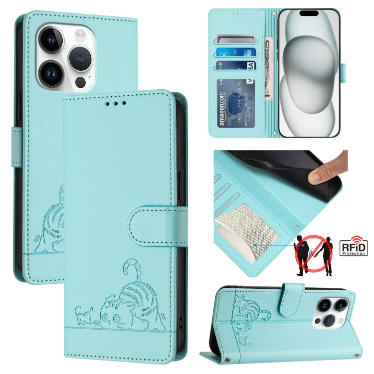 Katze Ratte Geprägtes Muster RFID Leder Handyhülle mit Trageschlaufe, Für iPhone 17 Pro Max, Für iPhone 17 Pro, Für iPhone 17, Für iPhone Air, Für iPhone SE 2024, Für iPhone 15 Pro Max, Für iPhone 15 Pro, Für iPhone 15 Plus