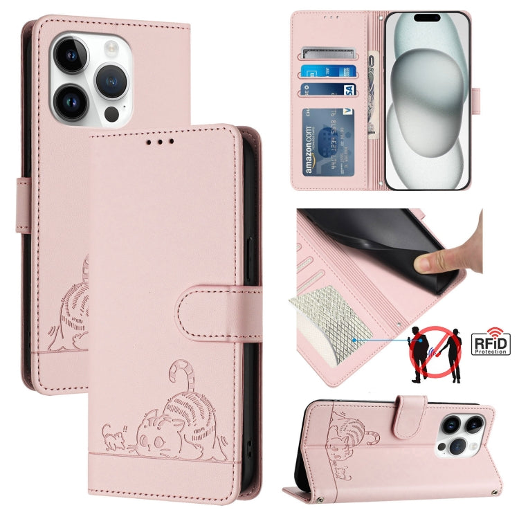 Katze Ratte Geprägtes Muster RFID Leder Handyhülle mit Trageschlaufe, Für iPhone 17 Pro Max, Für iPhone 17 Pro, Für iPhone 17, Für iPhone Air, Für iPhone SE 2024, Für iPhone 15 Pro Max, Für iPhone 15 Pro, Für iPhone 15 Plus
