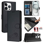 Katze Ratte Geprägtes Muster RFID Leder Handyhülle mit Trageschlaufe, Für iPhone 17 Pro Max, Für iPhone 17 Pro, Für iPhone 17, Für iPhone Air, Für iPhone SE 2024, Für iPhone 15 Pro Max, Für iPhone 15 Pro, Für iPhone 15 Plus