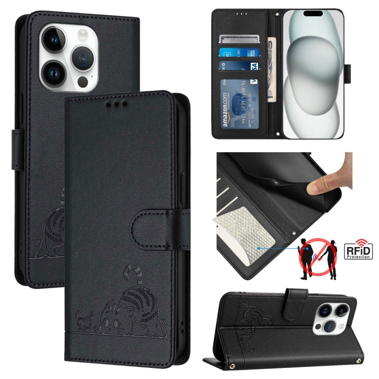 Katze Ratte Geprägtes Muster RFID Leder Handyhülle mit Trageschlaufe, Für iPhone 17 Pro Max, Für iPhone 17 Pro, Für iPhone 17, Für iPhone Air, Für iPhone SE 2024, Für iPhone 15 Pro Max, Für iPhone 15 Pro, Für iPhone 15 Plus