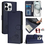 Katze Ratte Geprägtes Muster RFID Leder Handyhülle mit Trageschlaufe, Für iPhone 17 Pro Max, Für iPhone 17 Pro, Für iPhone 17, Für iPhone Air, Für iPhone SE 2024, Für iPhone 15 Pro Max, Für iPhone 15 Pro, Für iPhone 15 Plus