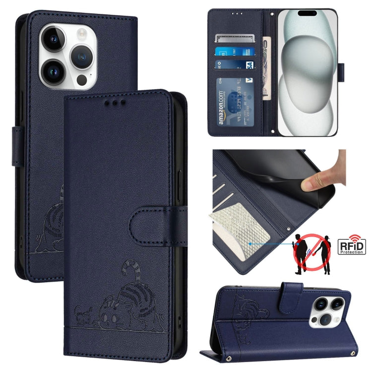 Katze Ratte Geprägtes Muster RFID Leder Handyhülle mit Trageschlaufe, Für iPhone 17 Pro Max, Für iPhone 17 Pro, Für iPhone 17, Für iPhone Air, Für iPhone SE 2024, Für iPhone 15 Pro Max, Für iPhone 15 Pro, Für iPhone 15 Plus