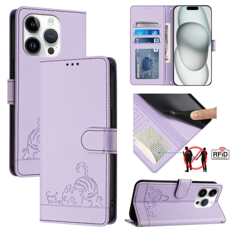Katze Ratte Geprägtes Muster RFID Leder Handyhülle mit Trageschlaufe, Für iPhone 17 Pro Max, Für iPhone 17 Pro, Für iPhone 17, Für iPhone Air, Für iPhone SE 2024, Für iPhone 15 Pro Max, Für iPhone 15 Pro, Für iPhone 15 Plus