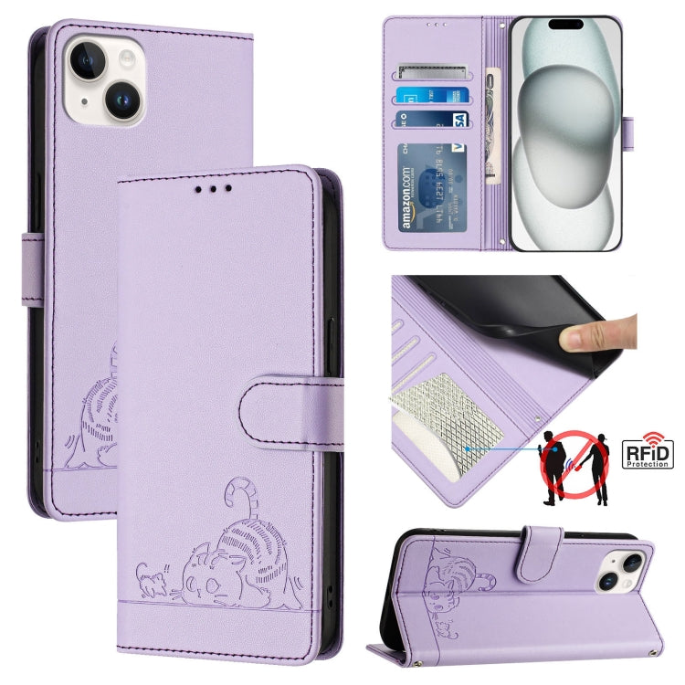 Katze Ratte Geprägtes Muster RFID Leder Handyhülle mit Trageschlaufe, Für iPhone 17 Pro Max, Für iPhone 17 Pro, Für iPhone 17, Für iPhone Air, Für iPhone SE 2024, Für iPhone 15 Pro Max, Für iPhone 15 Pro, Für iPhone 15 Plus