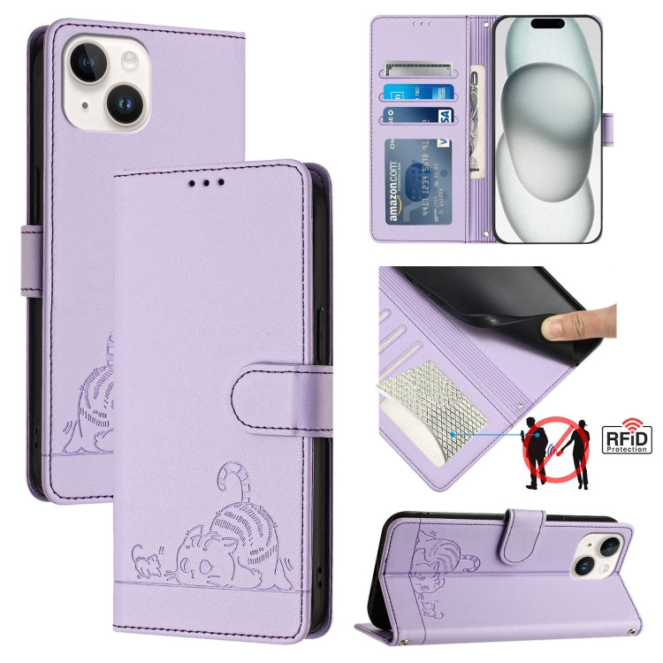 Katze Ratte Geprägtes Muster RFID Leder-Handyhülle mit Lanyard, Für iPhone 13 mini, Für iPhone 12/12 Pro, Für iPhone 12 Pro Max, Für iPhone 12 mini, Für iPhone 11 Pro Max, Für iPhone 11, Für iPhone 11 Pro, Für iPhone XS / X