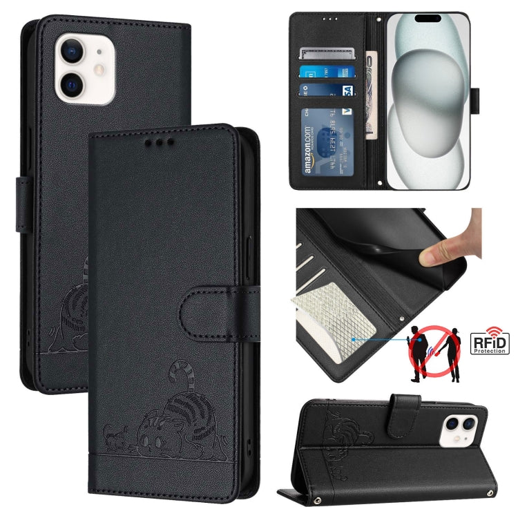 Katze Ratte Geprägtes Muster RFID Leder-Handyhülle mit Lanyard, Für iPhone 13 mini, Für iPhone 12/12 Pro, Für iPhone 12 Pro Max, Für iPhone 12 mini, Für iPhone 11 Pro Max, Für iPhone 11, Für iPhone 11 Pro, Für iPhone XS / X