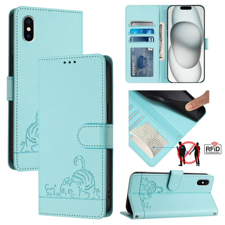 Katze Ratte Geprägtes Muster RFID Leder-Handyhülle mit Lanyard, Für iPhone 13 mini, Für iPhone 12/12 Pro, Für iPhone 12 Pro Max, Für iPhone 12 mini, Für iPhone 11 Pro Max, Für iPhone 11, Für iPhone 11 Pro, Für iPhone XS / X