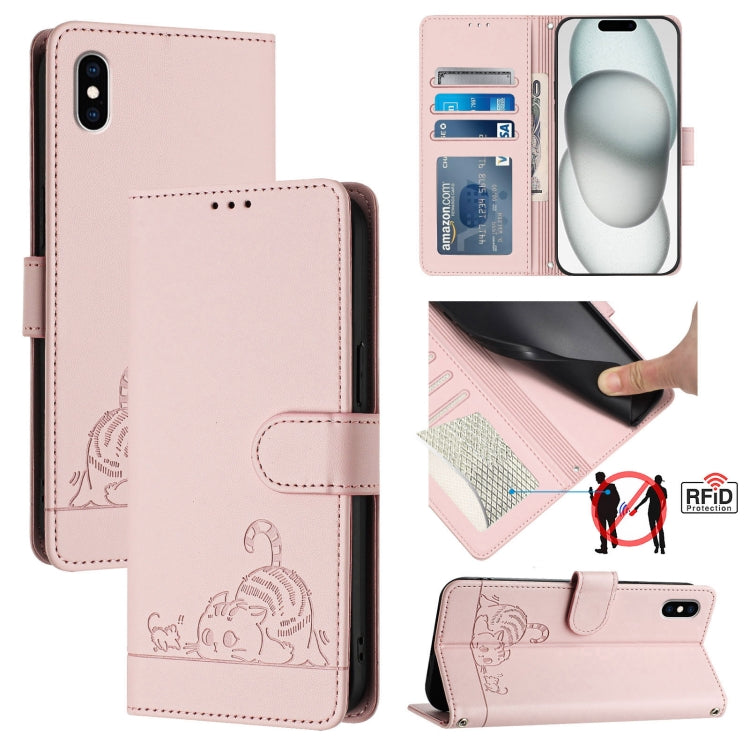 Katze Ratte geprägtes Muster RFID Leder Handyhülle mit Trageschlaufe, Für iPhone XR, Für iPhone XS Max, Für iPhone 8 Plus / 7 Plus