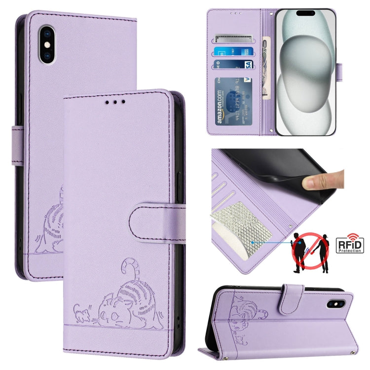 Katze Ratte geprägtes Muster RFID Leder Handyhülle mit Trageschlaufe, Für iPhone XR, Für iPhone XS Max, Für iPhone 8 Plus / 7 Plus