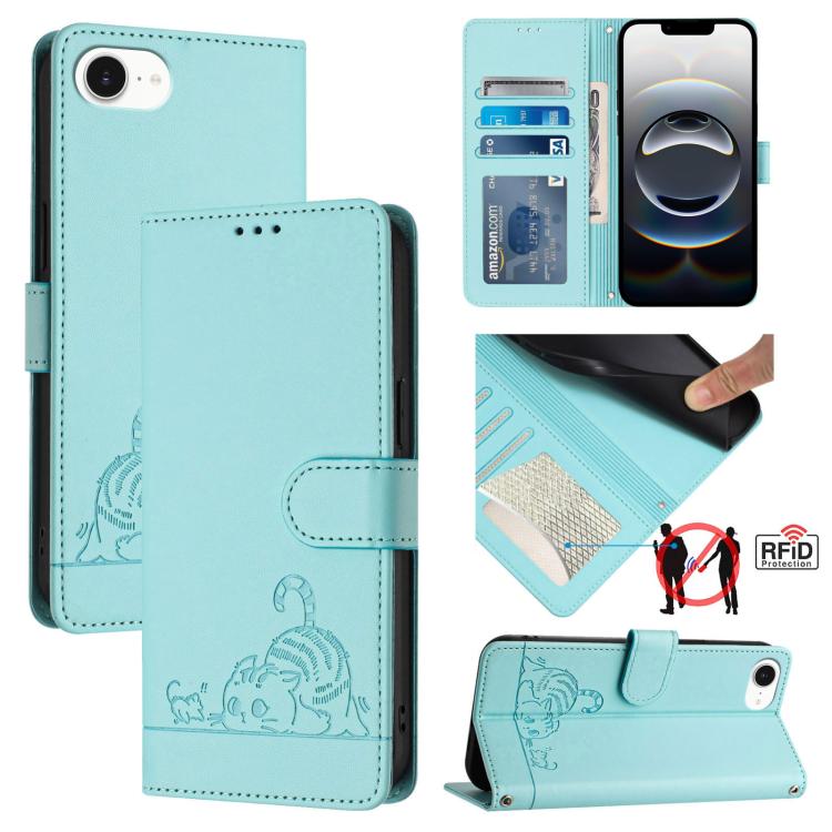 Katze Ratte Geprägtes Muster RFID Leder Handyhülle mit Trageschlaufe, Für iPhone 17 Pro Max, Für iPhone 17 Pro, Für iPhone 17, Für iPhone Air, Für iPhone SE 2024, Für iPhone 15 Pro Max, Für iPhone 15 Pro, Für iPhone 15 Plus