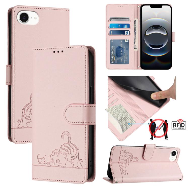 Katze Ratte Geprägtes Muster RFID Leder Handyhülle mit Trageschlaufe, Für iPhone 17 Pro Max, Für iPhone 17 Pro, Für iPhone 17, Für iPhone Air, Für iPhone SE 2024, Für iPhone 15 Pro Max, Für iPhone 15 Pro, Für iPhone 15 Plus
