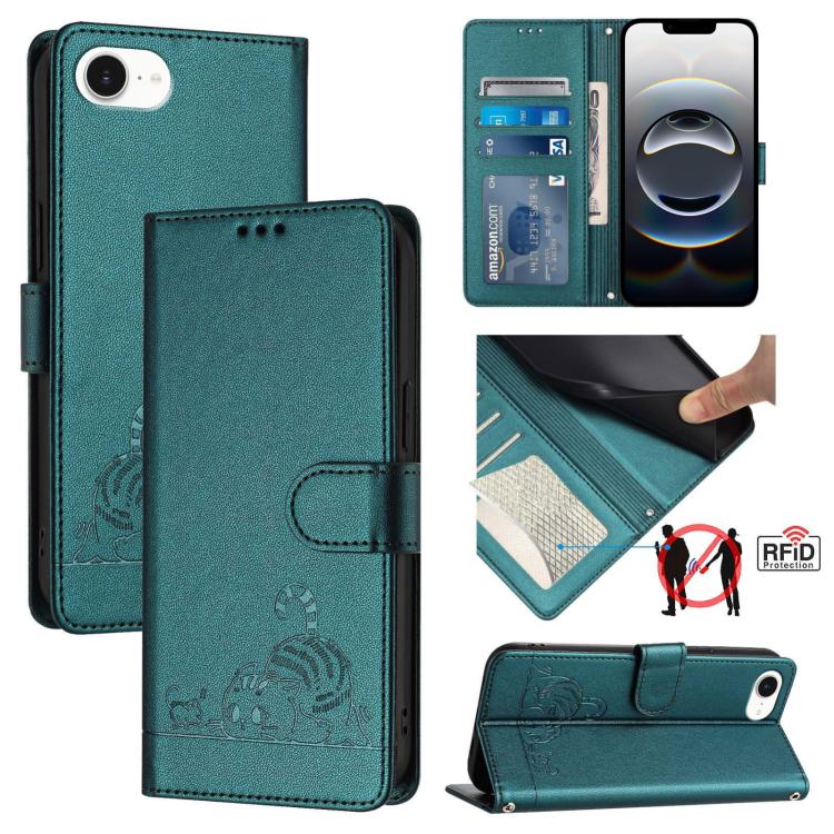 Katze Ratte Geprägtes Muster RFID Leder Handyhülle mit Trageschlaufe, Für iPhone 17 Pro Max, Für iPhone 17 Pro, Für iPhone 17, Für iPhone Air, Für iPhone SE 2024, Für iPhone 15 Pro Max, Für iPhone 15 Pro, Für iPhone 15 Plus