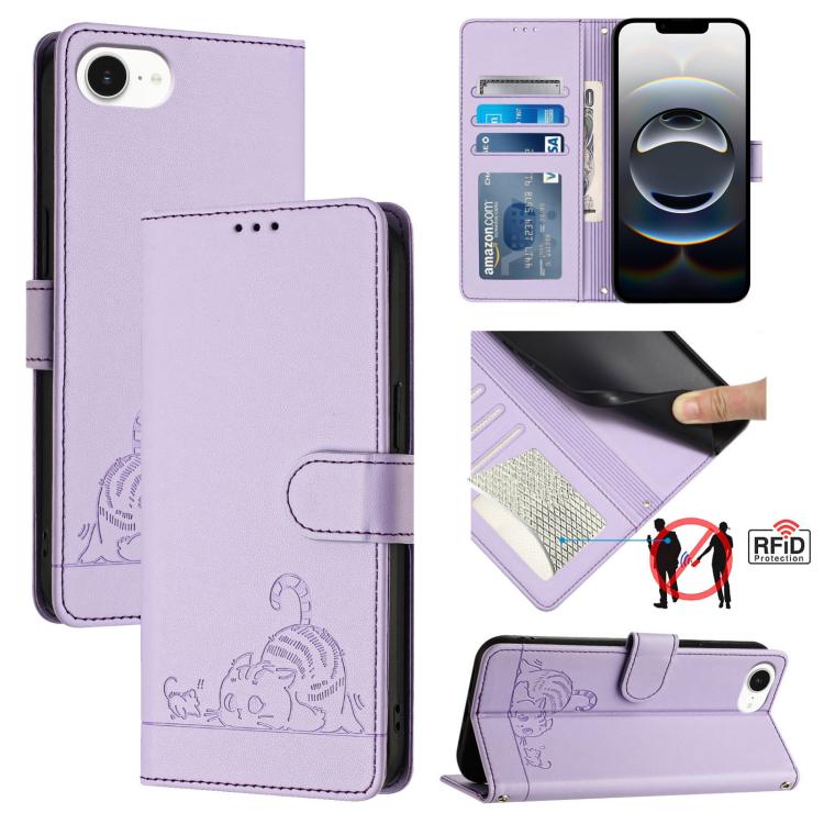 Katze Ratte Geprägtes Muster RFID Leder Handyhülle mit Trageschlaufe, Für iPhone 17 Pro Max, Für iPhone 17 Pro, Für iPhone 17, Für iPhone Air, Für iPhone SE 2024, Für iPhone 15 Pro Max, Für iPhone 15 Pro, Für iPhone 15 Plus