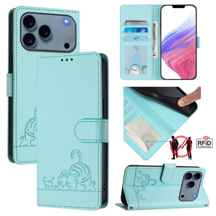 Katze Ratte Geprägtes Muster RFID Leder Handyhülle mit Trageschlaufe, Für iPhone 17 Pro Max, Für iPhone 17 Pro, Für iPhone 17, Für iPhone Air, Für iPhone SE 2024, Für iPhone 15 Pro Max, Für iPhone 15 Pro, Für iPhone 15 Plus