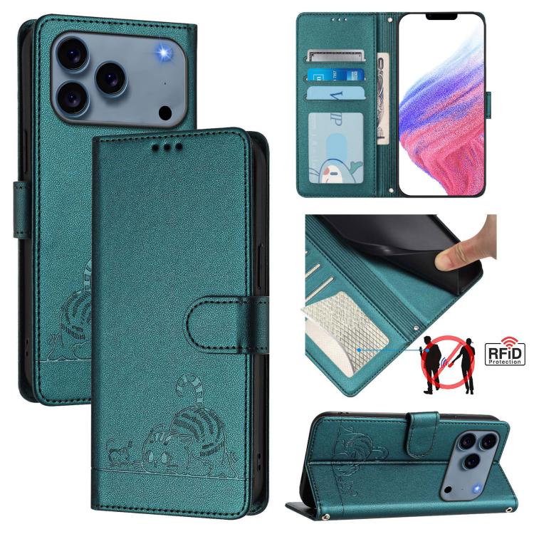 Katze Ratte Geprägtes Muster RFID Leder Handyhülle mit Trageschlaufe, Für iPhone 17 Pro Max, Für iPhone 17 Pro, Für iPhone 17, Für iPhone Air, Für iPhone SE 2024, Für iPhone 15 Pro Max, Für iPhone 15 Pro, Für iPhone 15 Plus