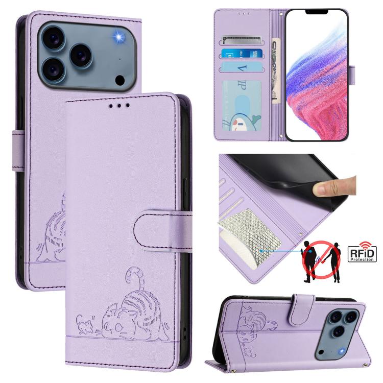 Katze Ratte Geprägtes Muster RFID Leder Handyhülle mit Trageschlaufe, Für iPhone 17 Pro Max, Für iPhone 17 Pro, Für iPhone 17, Für iPhone Air, Für iPhone SE 2024, Für iPhone 15 Pro Max, Für iPhone 15 Pro, Für iPhone 15 Plus