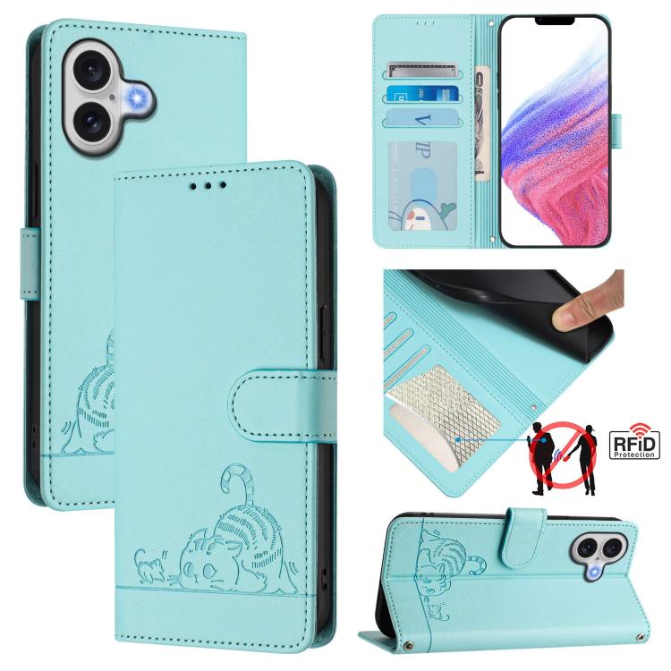 Katze Ratte Geprägtes Muster RFID Leder Handyhülle mit Trageschlaufe, Für iPhone 17 Pro Max, Für iPhone 17 Pro, Für iPhone 17, Für iPhone Air, Für iPhone SE 2024, Für iPhone 15 Pro Max, Für iPhone 15 Pro, Für iPhone 15 Plus