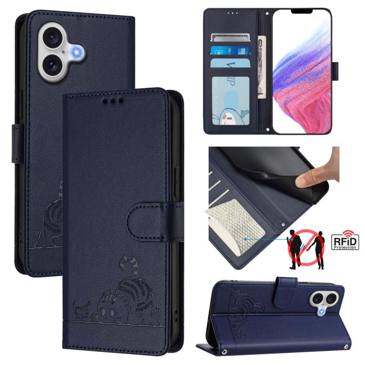 Katze Ratte Geprägtes Muster RFID Leder Handyhülle mit Trageschlaufe, Für iPhone 17 Pro Max, Für iPhone 17 Pro, Für iPhone 17, Für iPhone Air, Für iPhone SE 2024, Für iPhone 15 Pro Max, Für iPhone 15 Pro, Für iPhone 15 Plus