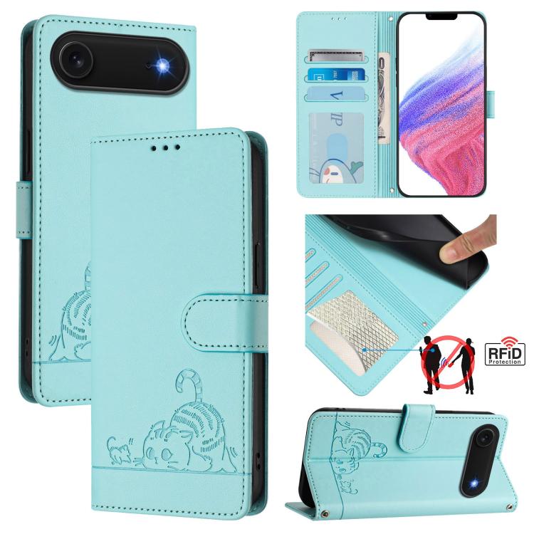 Katze Ratte Geprägtes Muster RFID Leder Handyhülle mit Trageschlaufe, Für iPhone 17 Pro Max, Für iPhone 17 Pro, Für iPhone 17, Für iPhone Air, Für iPhone SE 2024, Für iPhone 15 Pro Max, Für iPhone 15 Pro, Für iPhone 15 Plus
