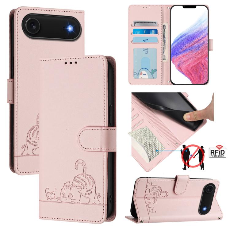 Katze Ratte Geprägtes Muster RFID Leder Handyhülle mit Trageschlaufe, Für iPhone 17 Pro Max, Für iPhone 17 Pro, Für iPhone 17, Für iPhone Air, Für iPhone SE 2024, Für iPhone 15 Pro Max, Für iPhone 15 Pro, Für iPhone 15 Plus