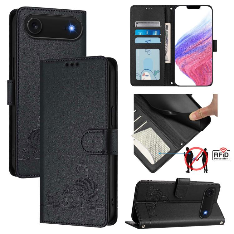 Katze Ratte Geprägtes Muster RFID Leder Handyhülle mit Trageschlaufe, Für iPhone 17 Pro Max, Für iPhone 17 Pro, Für iPhone 17, Für iPhone Air, Für iPhone SE 2024, Für iPhone 15 Pro Max, Für iPhone 15 Pro, Für iPhone 15 Plus