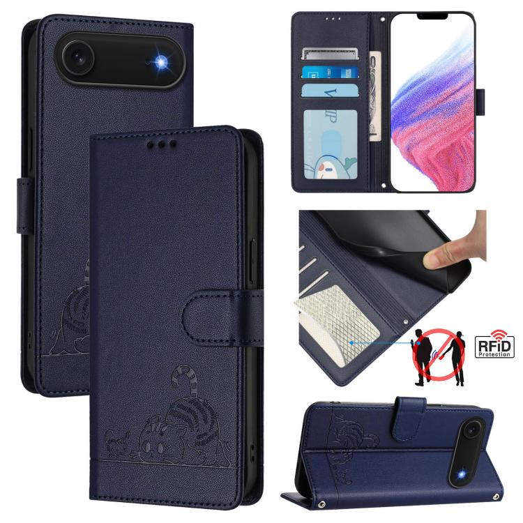Katze Ratte Geprägtes Muster RFID Leder Handyhülle mit Trageschlaufe, Für iPhone 17 Pro Max, Für iPhone 17 Pro, Für iPhone 17, Für iPhone Air, Für iPhone SE 2024, Für iPhone 15 Pro Max, Für iPhone 15 Pro, Für iPhone 15 Plus