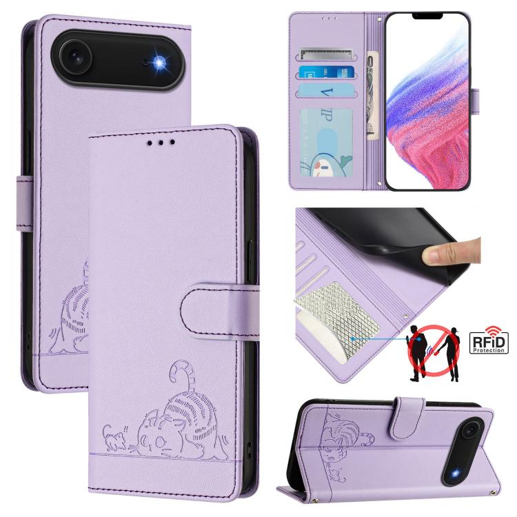 Katze Ratte Geprägtes Muster RFID Leder Handyhülle mit Trageschlaufe, Für iPhone 17 Pro Max, Für iPhone 17 Pro, Für iPhone 17, Für iPhone Air, Für iPhone SE 2024, Für iPhone 15 Pro Max, Für iPhone 15 Pro, Für iPhone 15 Plus