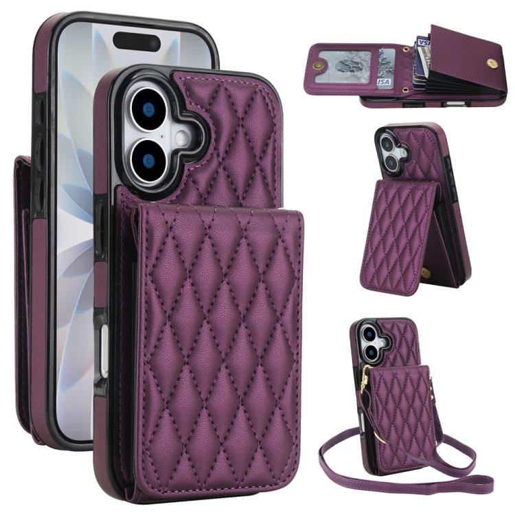 YM015 Umhängetasche Rhombische Karten Tasche RFID Handyhülle, Für iPhone 16e / 17e, Für iPhone 17 Pro Max, Für iPhone 17 Pro, Für iPhone 17, Für iPhone Air, Für iPhone 16 Pro Max, Für iPhone 16 Pro, Für iPhone 16 Plus