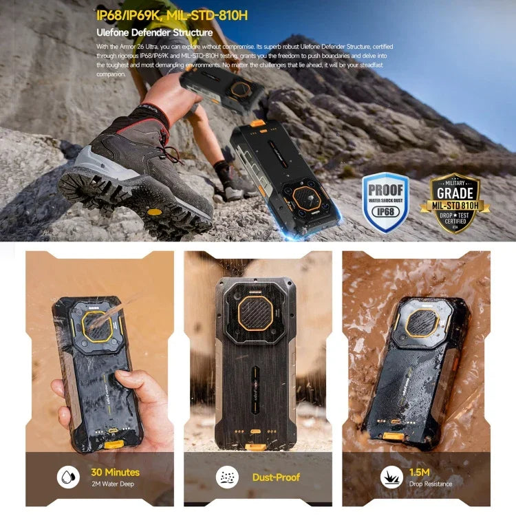 Ulefone Armor 26 Ultra Rugged Smartphone, 6,78 Zoll, Android 13, MediaTek Dimensity 8020 Octa-Core-Prozessor, Netzwerk: 5G, NFC, 12 GB + 512 GB