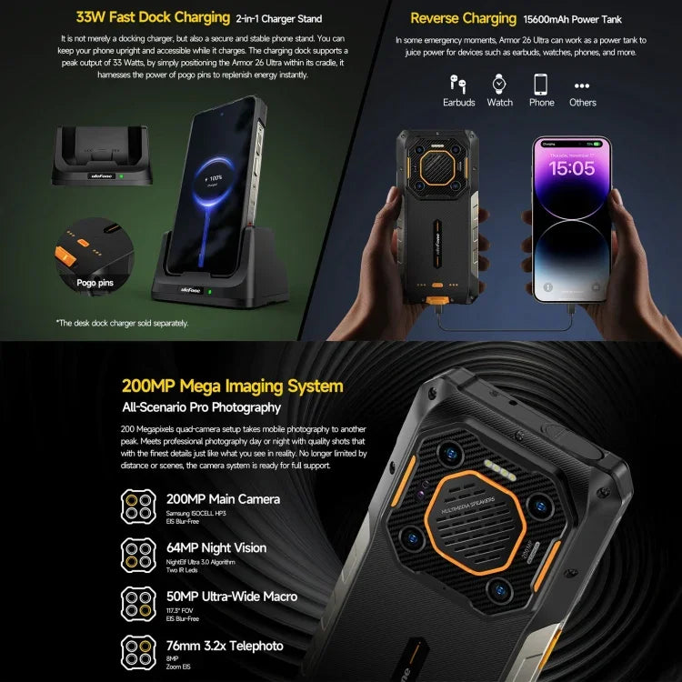 Ulefone Armor 26 Ultra Rugged Smartphone, 6,78 Zoll, Android 13, MediaTek Dimensity 8020 Octa-Core-Prozessor, Netzwerk: 5G, NFC, 12 GB + 512 GB